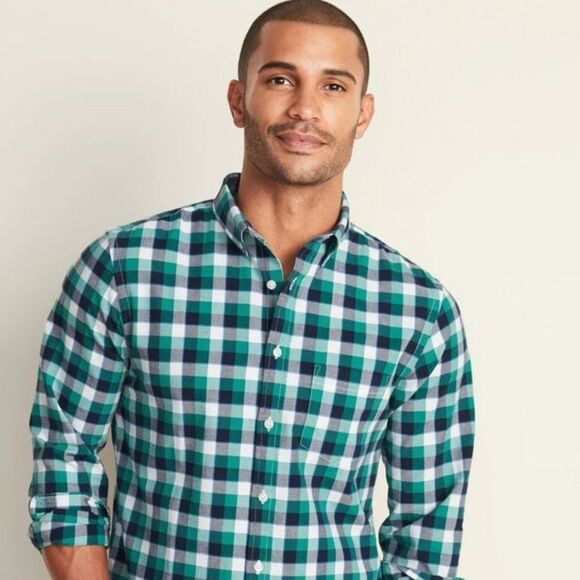 Old Navy Slim Fit Green Blue Plaid Button Down Shirt - Picture 1 of 5
